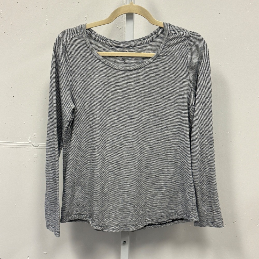 Ann Taylor LOFT Womens Small Grey Striped Long Sleeve Cotton Scoop Neck Top